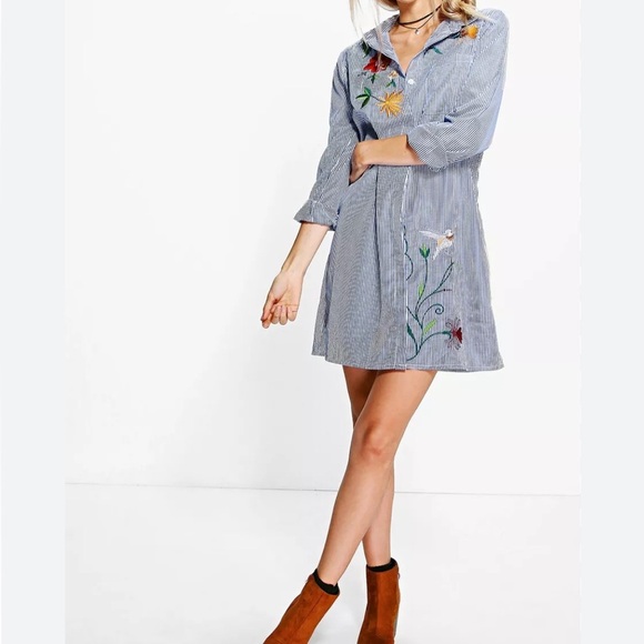 [XS/PTP:18”]Highline Collective Embroidered Floral Bird Blue Striped Shirt Dress - Picture 12 of 12